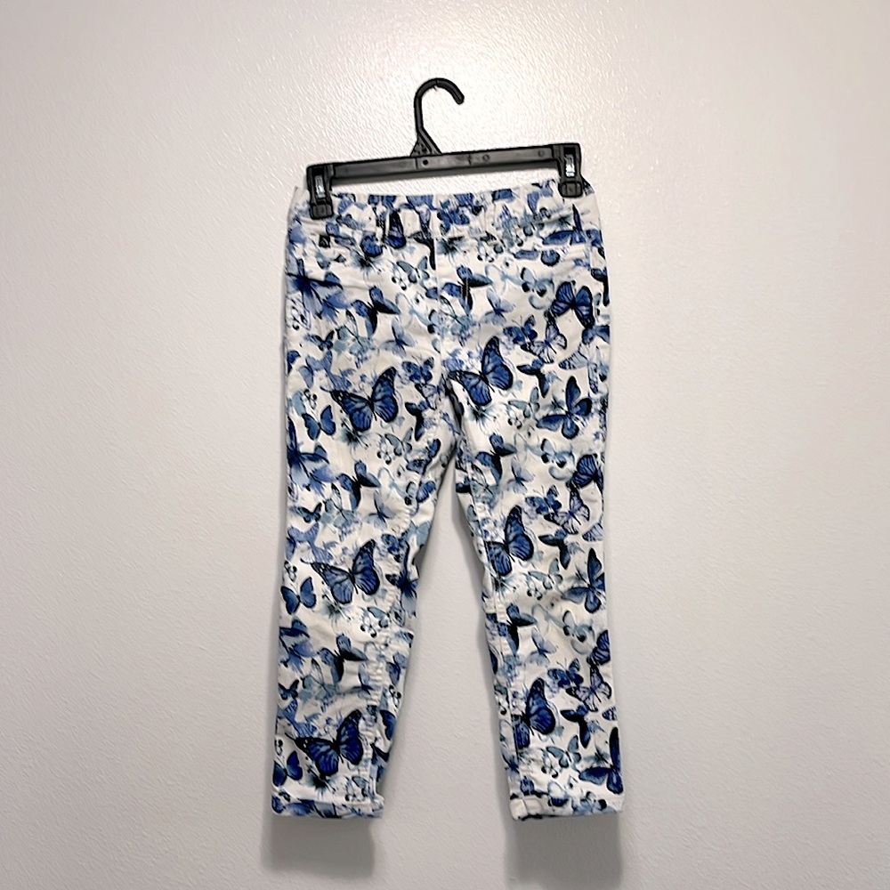 Girls blue and white crop leggings, stretchy beautiful butterfly print